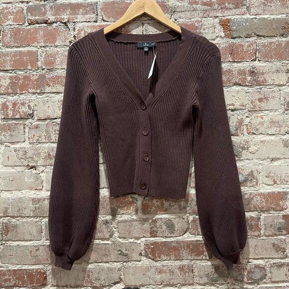 Lulu's Brown Ribbed Balloon Sleeve Button Cardigan Size XS - Picture 2 of 6